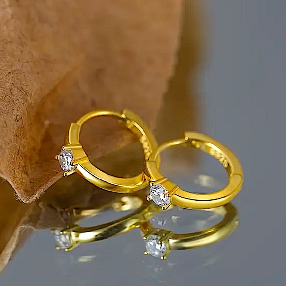 Gold Diamond Huggie Hoop Cubic Zircon Minimalist Earrings - Picture 3 of 10